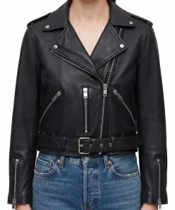 Womens black belted leather biker jacket, front view