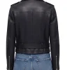 Belted leather biker jacket for women showing roller buckle hem fastening