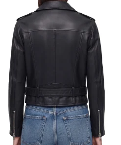 Belted leather biker jacket for women showing roller buckle hem fastening