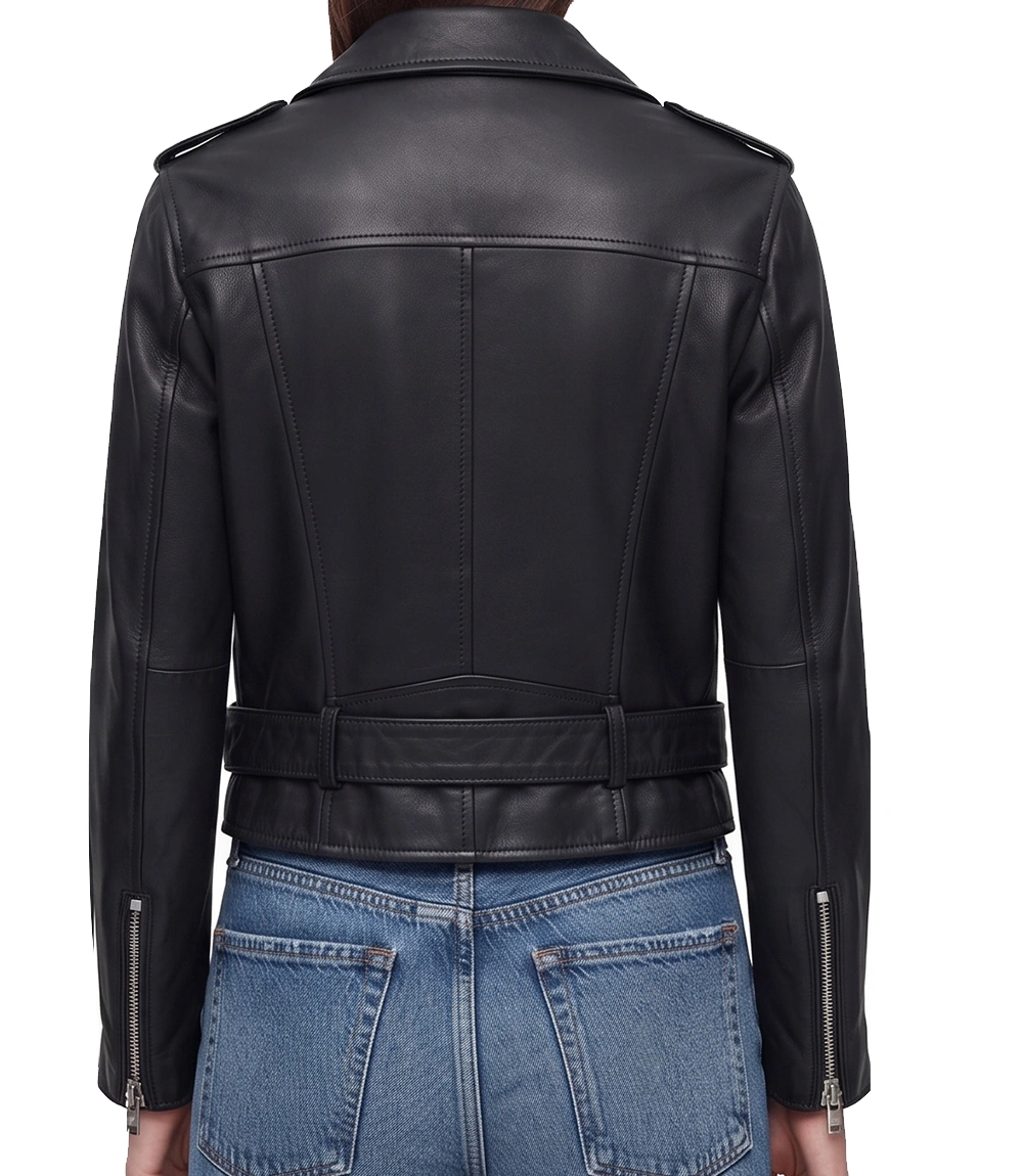 womens belted leather jacket black Belted leather biker jacket for women showing roller buckle hem fastening