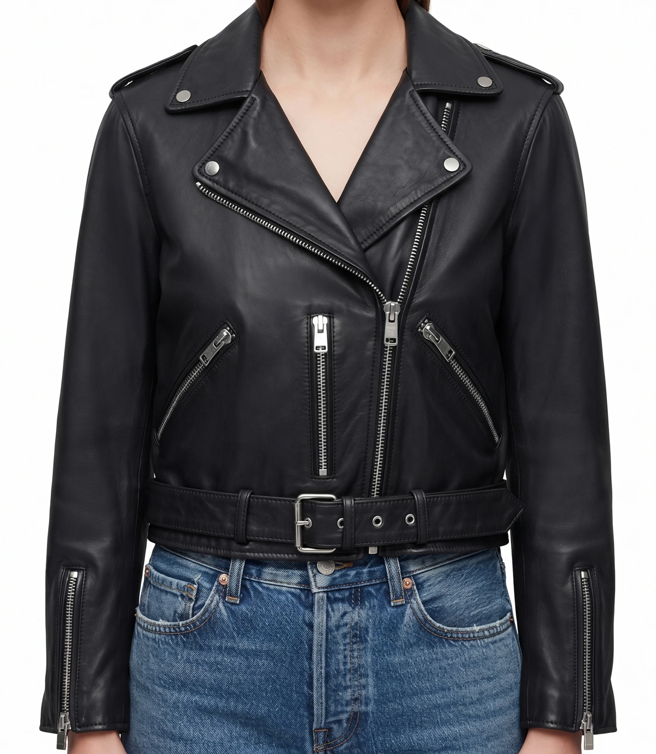 womens belted leather jacket Womens black belted leather biker jacket, front view
