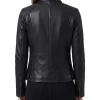 Black leather jacket for women showing waist adjuster tab and buckle