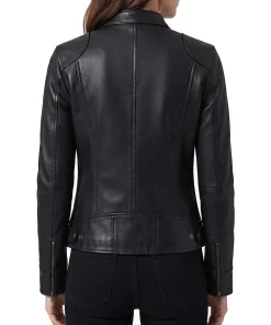 Black leather jacket for women showing waist adjuster tab and buckle