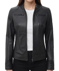 Womens black lambskin leather jacket with waist adjusters, front view