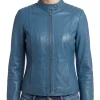 Womens blue leather biker jacket in sheepskin, front view