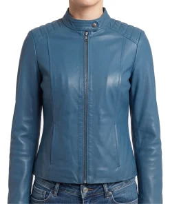 Womens blue leather biker jacket in sheepskin, front view