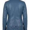 Blue leather jacket for women showing quilted shoulder panel detail