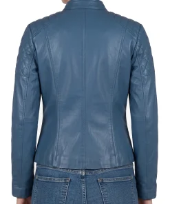 Blue leather jacket for women showing quilted shoulder panel detail