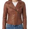 Womens brown leather biker jacket in sheepskin, front