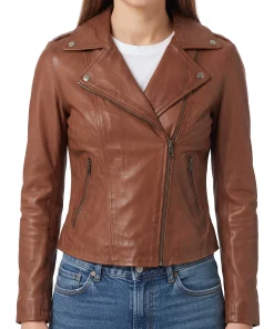Womens brown leather biker jacket in sheepskin, front