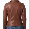 Brown leather biker jacket for women showing asymmetric zip and notch lapel