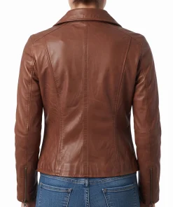 Brown leather biker jacket for women showing asymmetric zip and notch lapel
